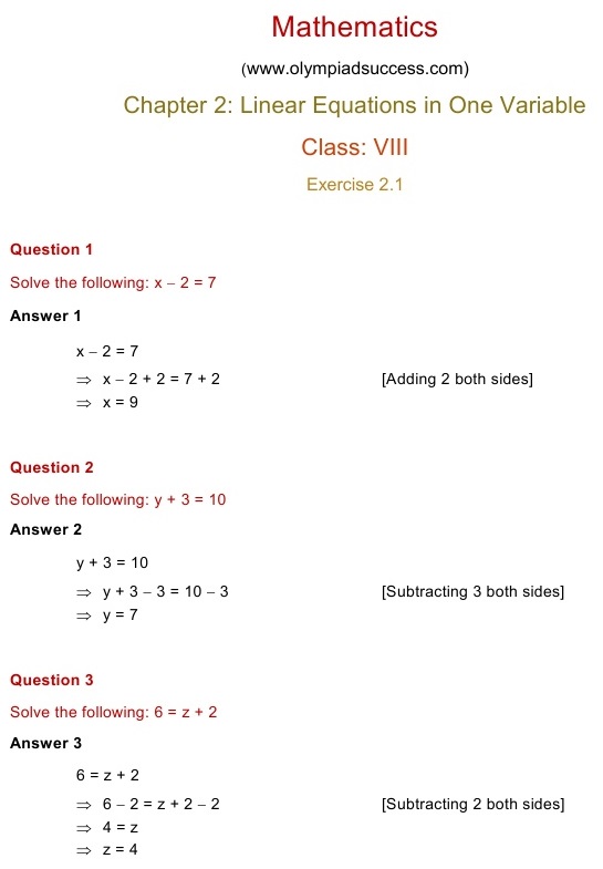 Linear Equations In One Variable Class 8 Exercise 2 1 Solutions