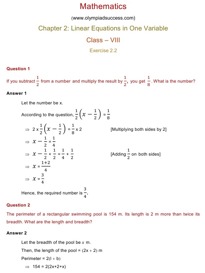 problems on linear equations in one variable class 8
