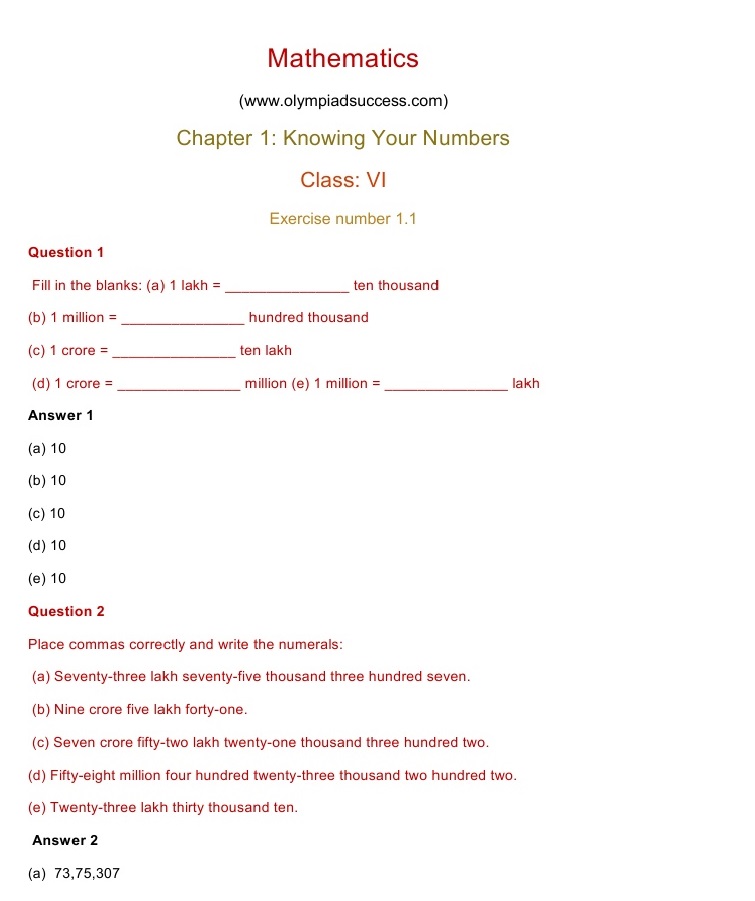NCERT Solutions for Maths Class 6 Chapter 1