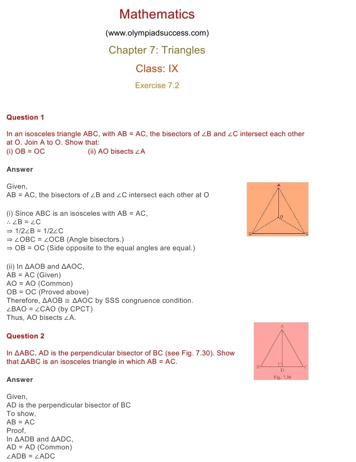 NCERT Solutions for Class 9 Maths Chapter 7 Triangles