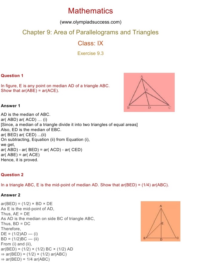 NCERT Solutions for Class 9 Mathematics Chapter 9: Area of